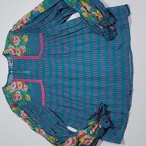 Bl^nk London Floral Teal and Pink Peasant BOHO Blouse SZ S